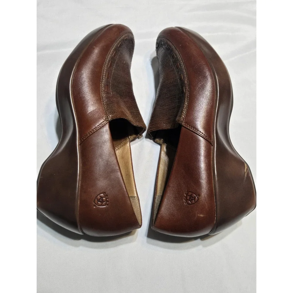 Ariat Leather Wedge Comfort Clogs Womens 8.5B ATS Footbed Brown Cushioned Logo